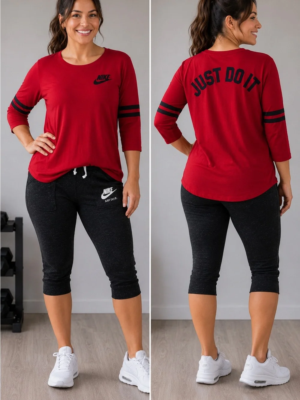 Nike Women's Red 'Just Do It' 3/4 Sleeve Top with Capri joggers outfit set